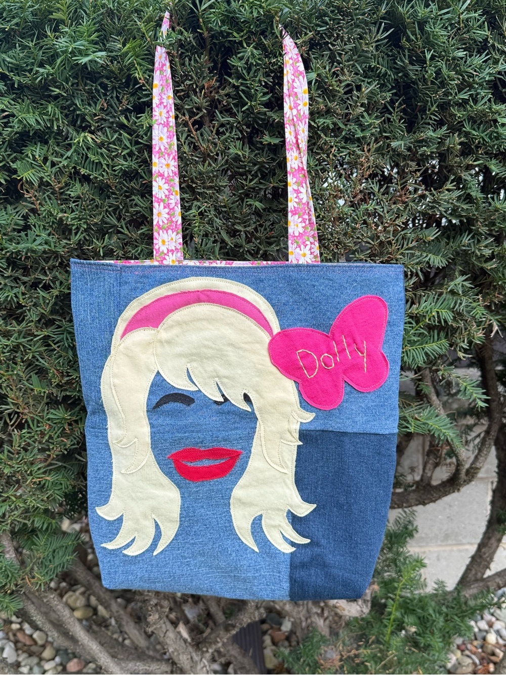 Dolly Appliqué Denim Tote Bag in Pink and Cream